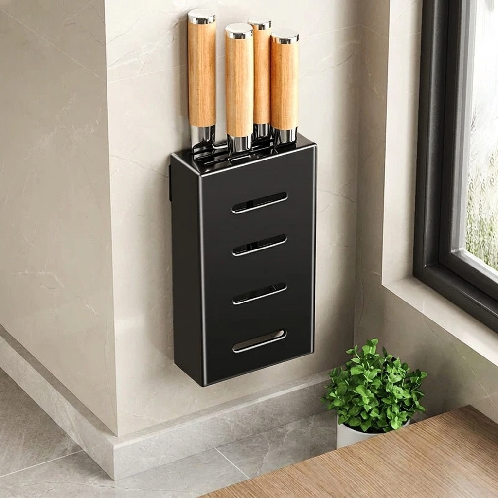 Vertix Knife Block Organizer – Wall Mounted Kitchen Knife Holder Storage Rack Adhesive Stainless Steel