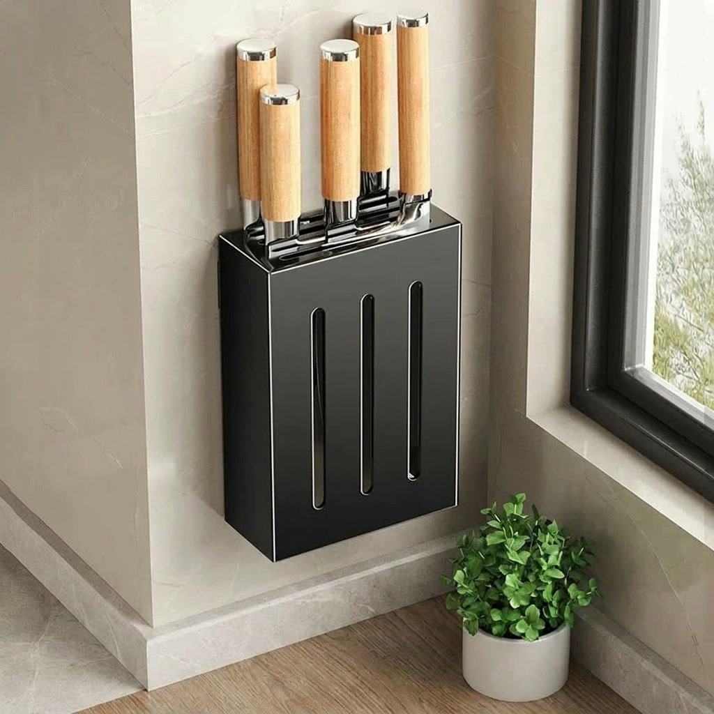 Vertix Knife Block Organizer – Wall Mounted Kitchen Knife Holder Storage Rack Adhesive Stainless Steel