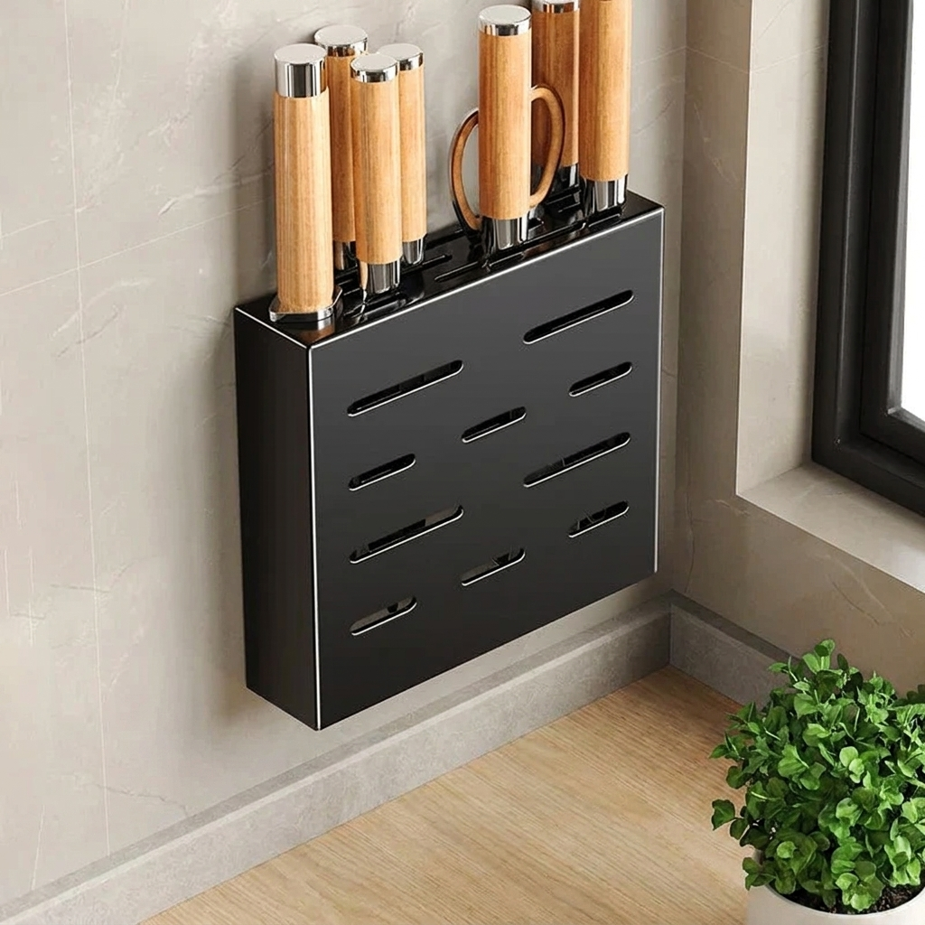 Vertix Knife Block Organizer – Wall Mounted Kitchen Knife Holder Storage Rack Adhesive Stainless Steel
