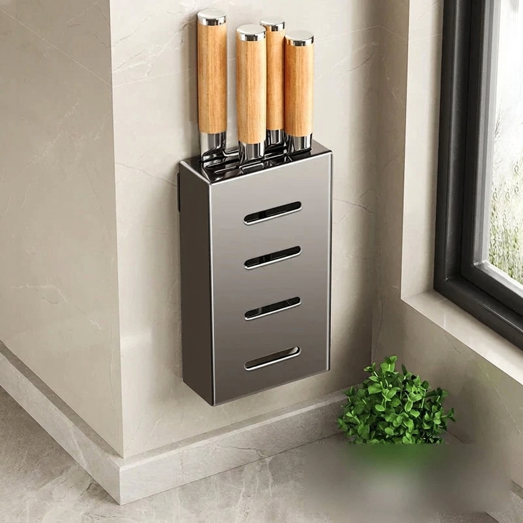 Vertix Knife Block Organizer – Wall Mounted Kitchen Knife Holder Storage Rack Adhesive Stainless Steel