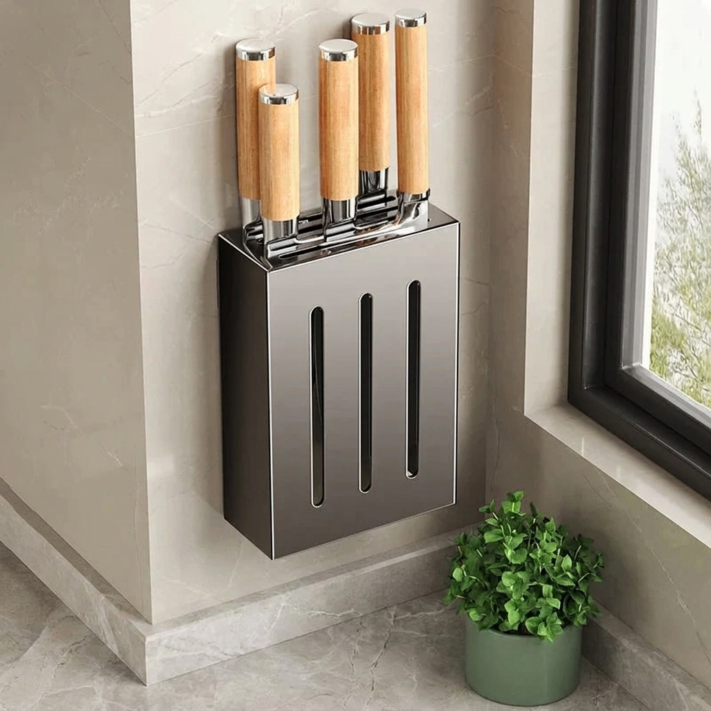 Vertix Knife Block Organizer – Wall Mounted Kitchen Knife Holder Storage Rack Adhesive Stainless Steel