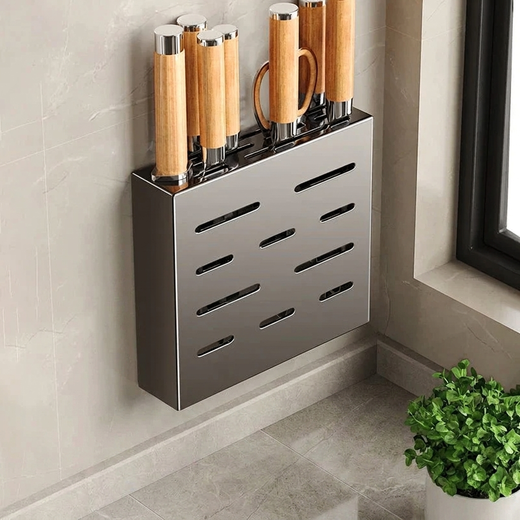 Vertix Knife Block Organizer – Wall Mounted Kitchen Knife Holder Storage Rack Adhesive Stainless Steel