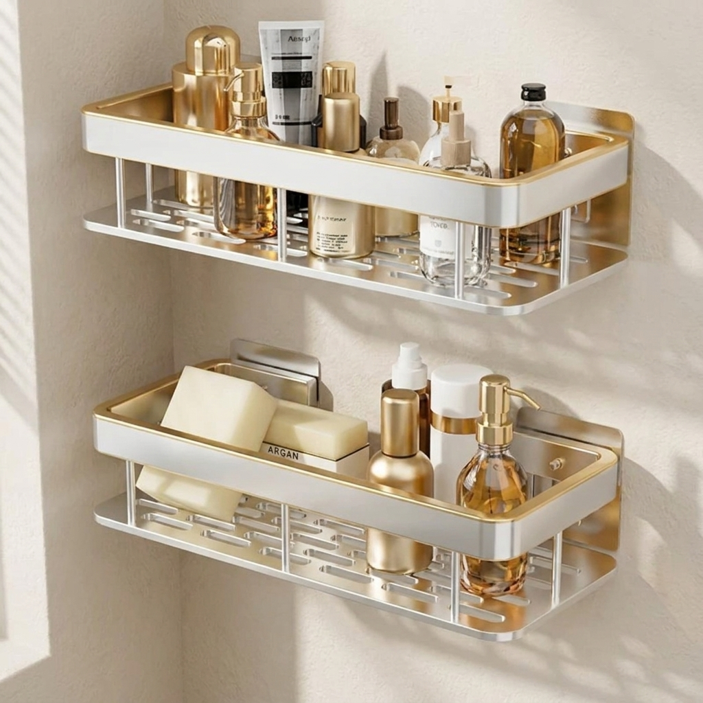 Ashvex Two Tier Bathroom Shelf – Adhesive Wall Mounted Shower Caddy Organizer Storage Rack