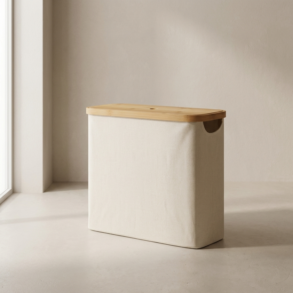 Norvik Bamboo Storage Basket – Lidded Fabric Organizer Bathroom Laundry Bin Slim Space Saving Design