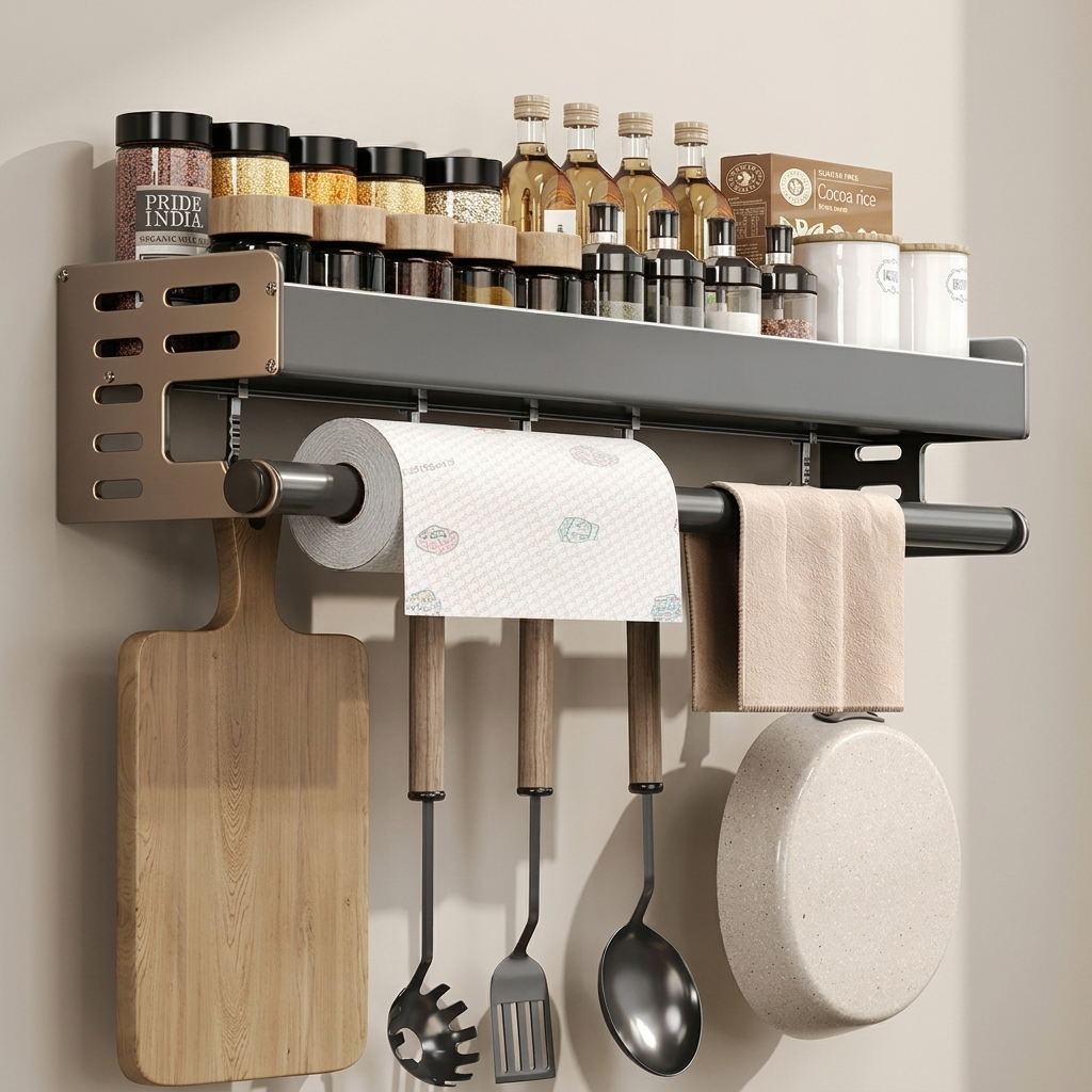 Ferris Glide Kitchen Wall Rack – Wall Mounted Spice Rack Paper Towel Holder Utensil Storage Organizer