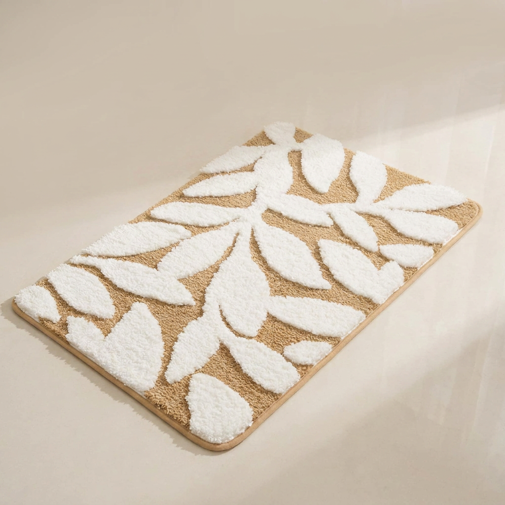 Palmera Botanical Bath Mat – Microfiber Non Slip Bathroom Rug Soft Absorbent Washable Beige White Leaf