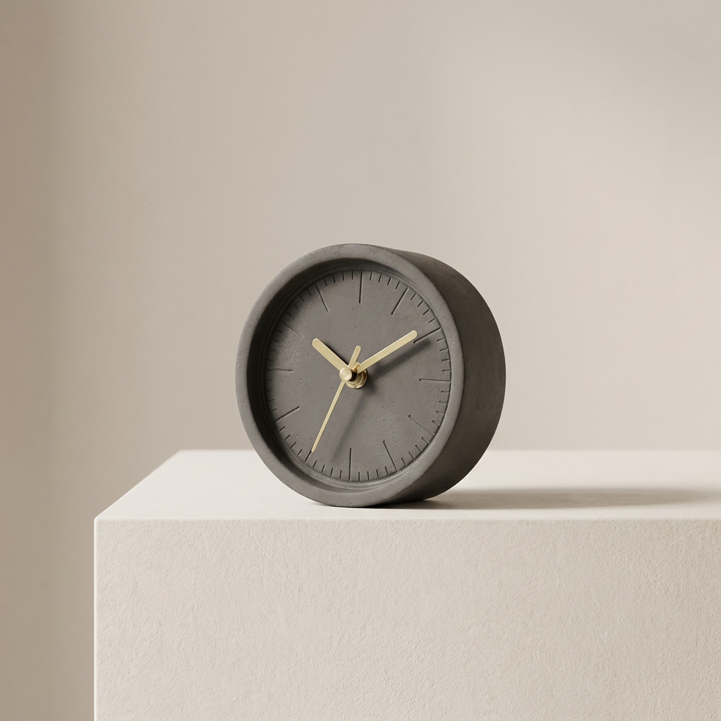 Caldex Round Desk Clock – Concrete Analog Minimalist Modern Table Clock Battery Operated Silent Home Office