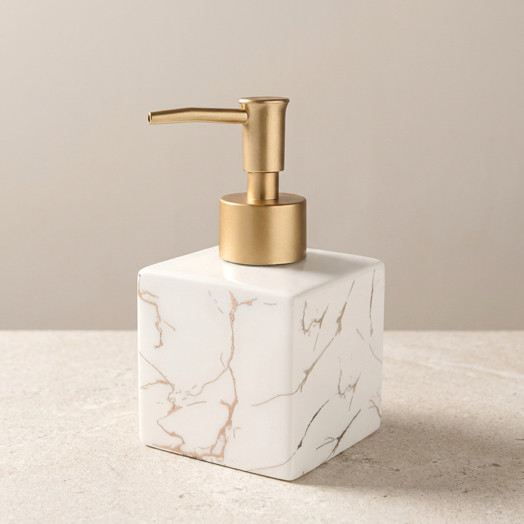 Vellaro Soap Dispenser – Marble Ceramic Bathroom Countertop Accessory Brushed Gold Pump Bottle