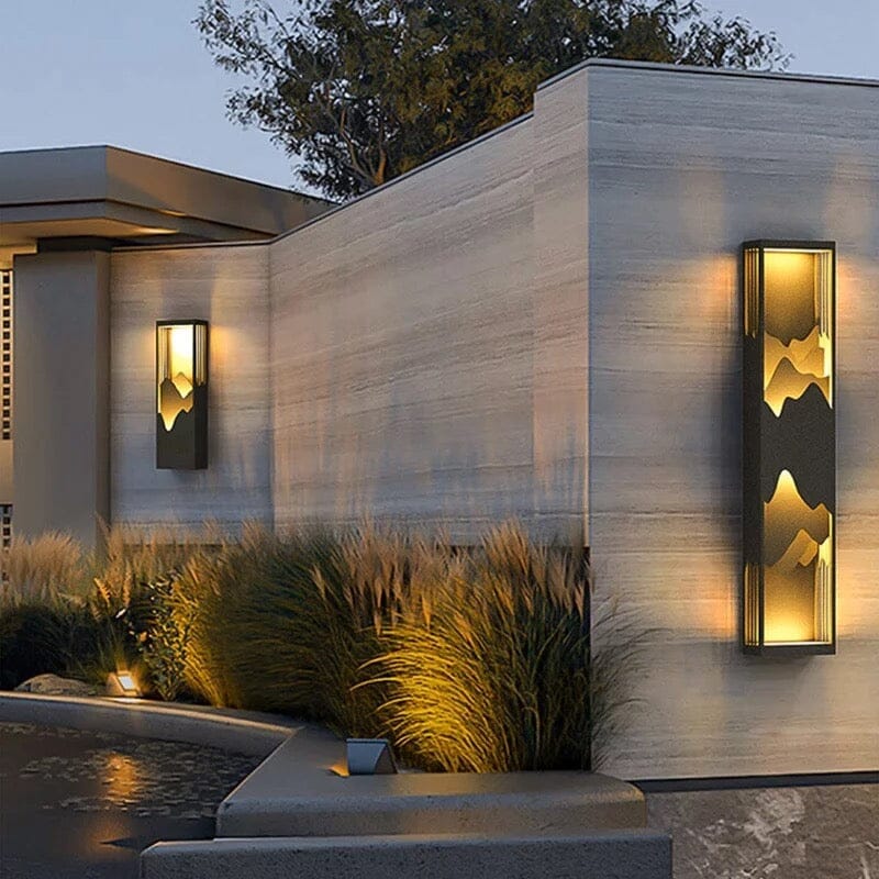 Modern Mountain Silhouette Outdoor Wall Lamp with Ambient LED Glow – Waterproof Architectural Exterior Light