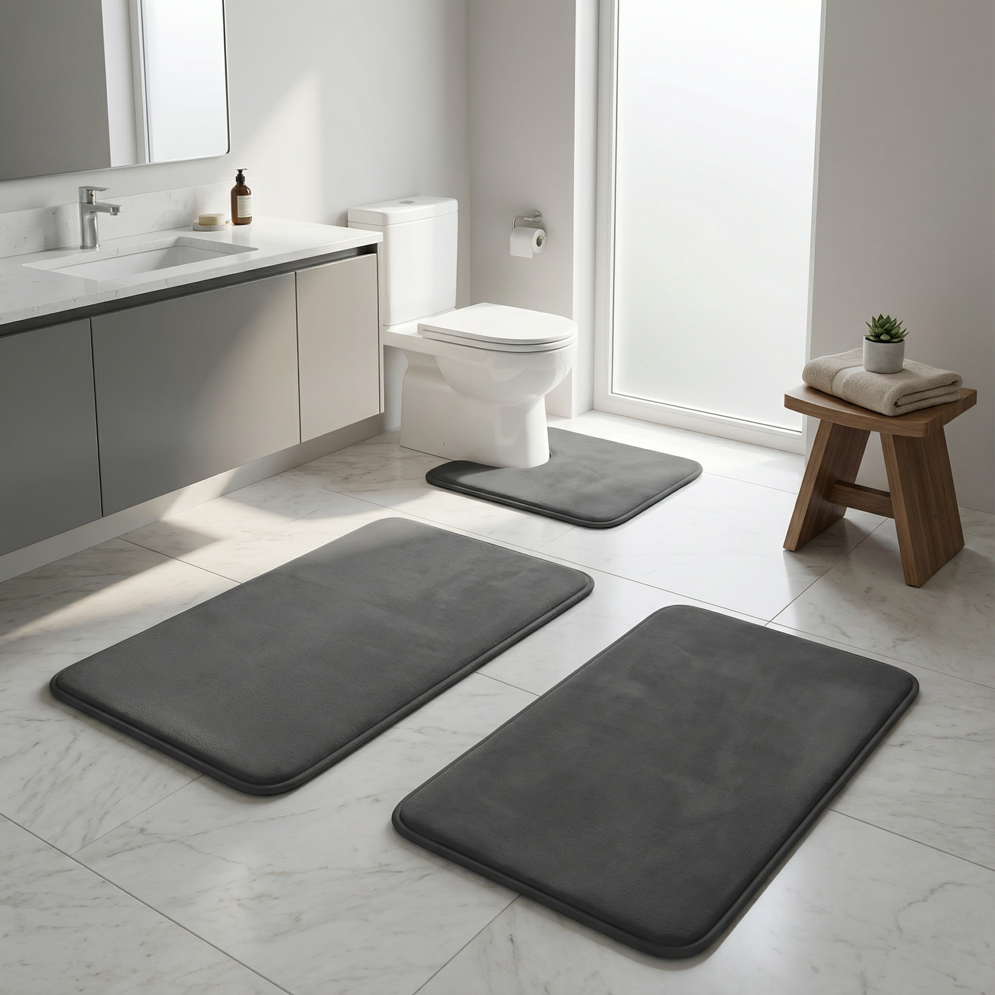 Velour Comfort Bath Mat Set – Memory Foam Non-Slip Bathroom Rugs 3 Piece Black Absorbent Soft Contour