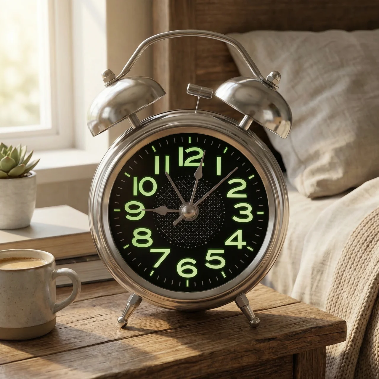 Brinley Twin Bell Alarm Clock – Retro Metal Silent Quartz Luminous Nightstand Bedroom Desk Clock