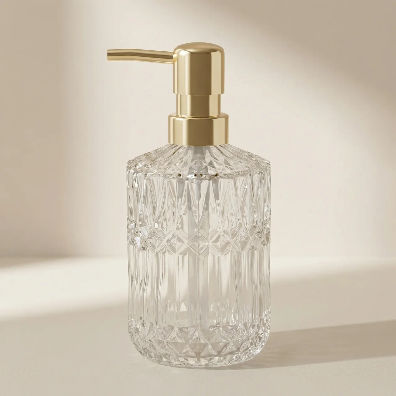 Prismelle Glass Soap Dispenser – Crystal Cut Design Gold Brass Pump Luxury Bathroom Kitchen Countertop