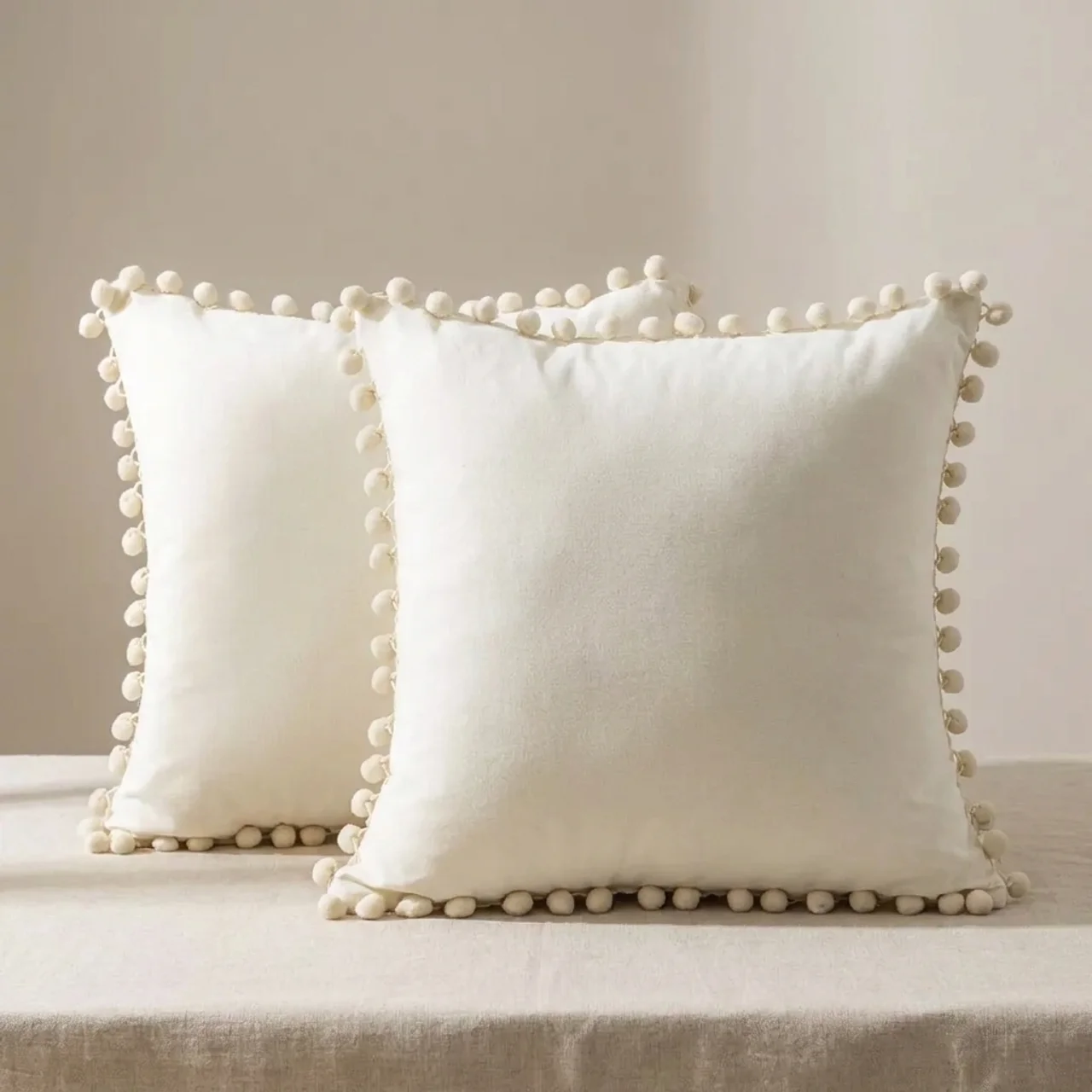 Bellamy Pom Pom Pillow Covers – Decorative Throw Cushion Cover Set White Cotton Linen Living Room Bedroom