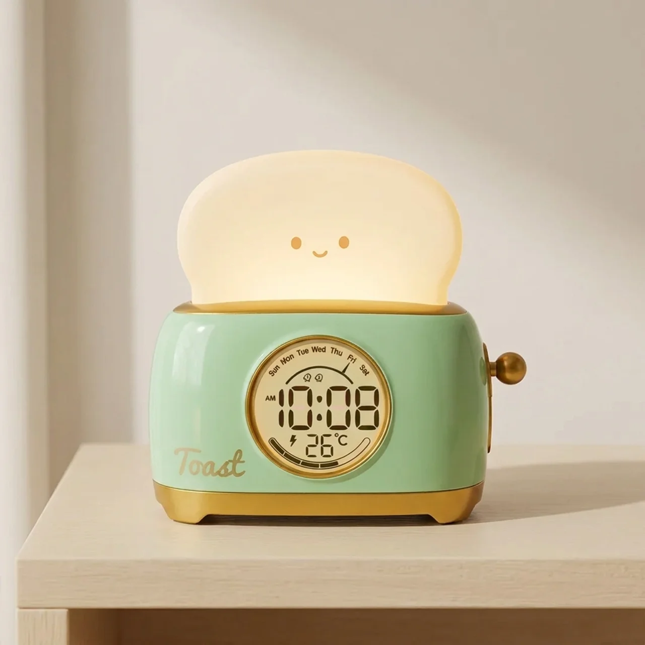 Toasty Bloom Alarm Clock – Kids Digital LED Night Light Bedside Lamp Temperature Display Cute Toast Design