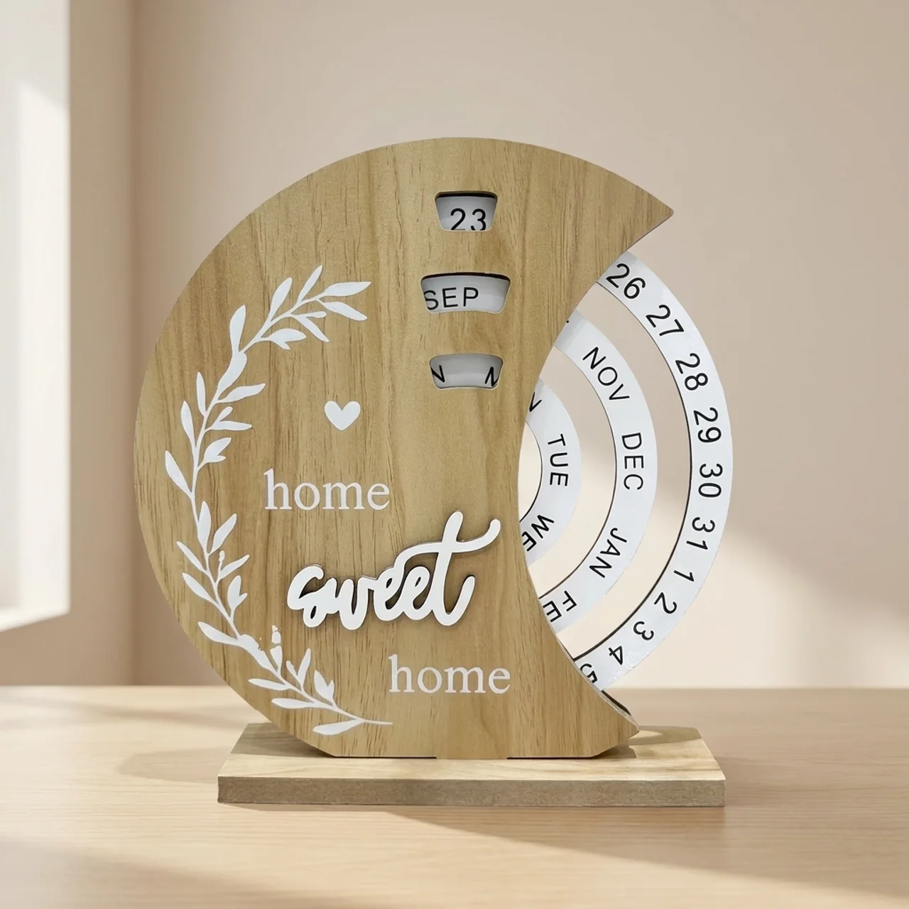 Crescen Perpetual Calendar – Wooden Desktop Calendar Rotating Date Wheel Month Day Home Decor