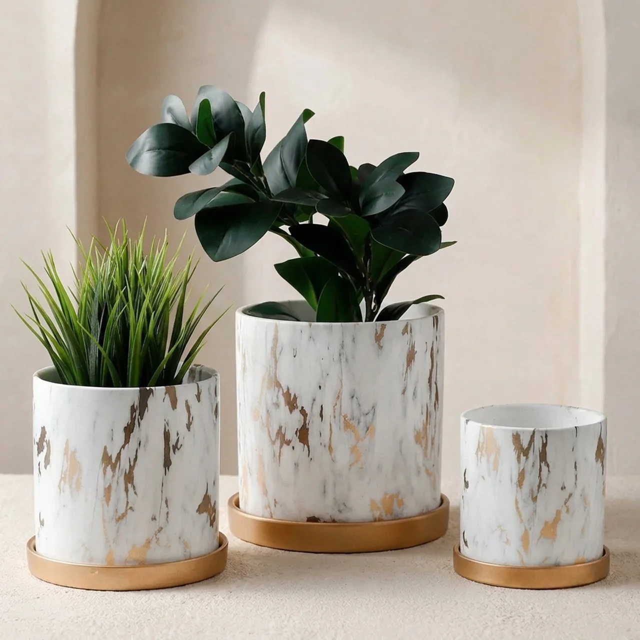 Birchlyn Ceramic Planter Set – White Gold Marble Indoor Decorative Planters Bamboo Saucer Drainage