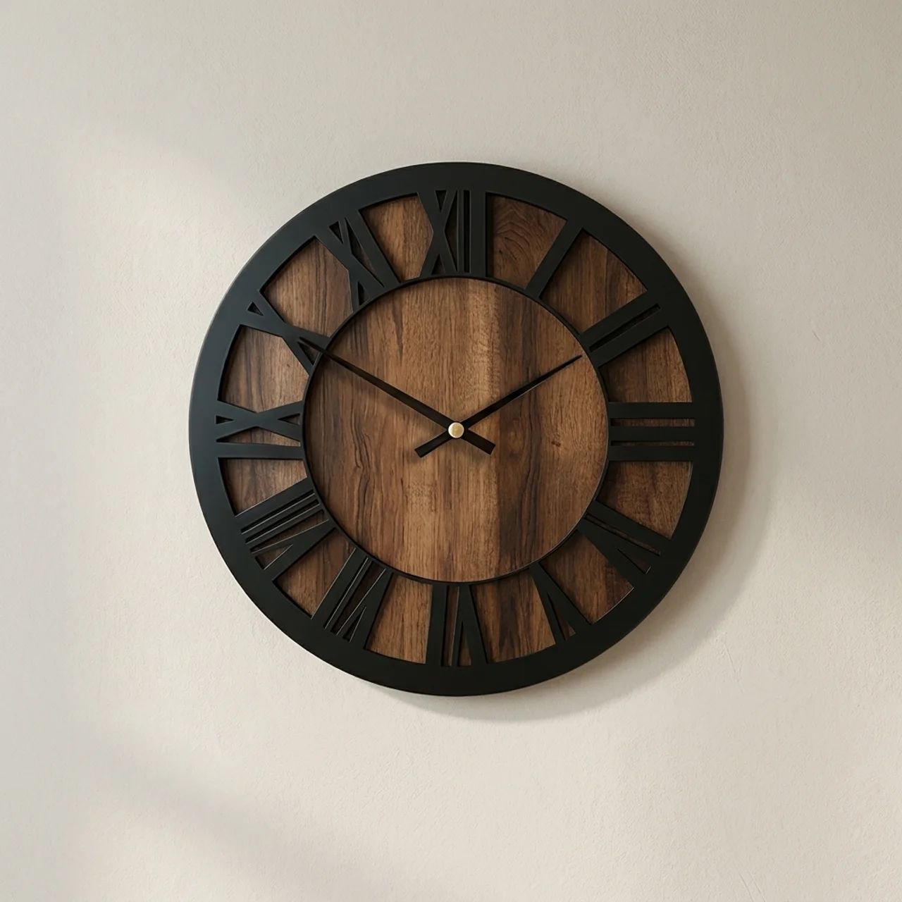 Ferrus Roman Wall Clock – Large Round Rustic Wood Black Metal Skeleton Farmhouse Silent Living Room