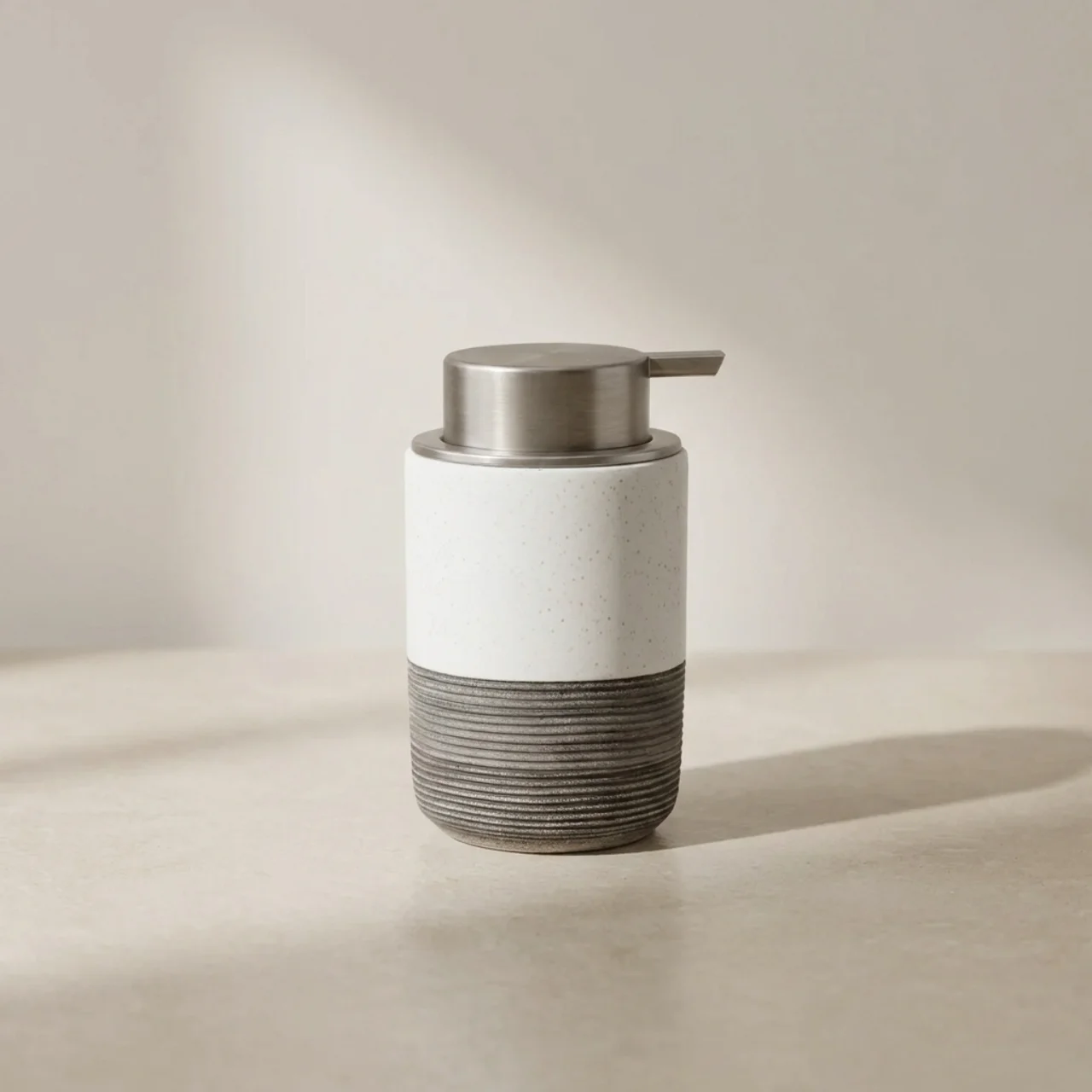 Stratum Ridge Soap Dispenser – Ceramic Bathroom Pump Bottle Matte White Gray Textured Kitchen