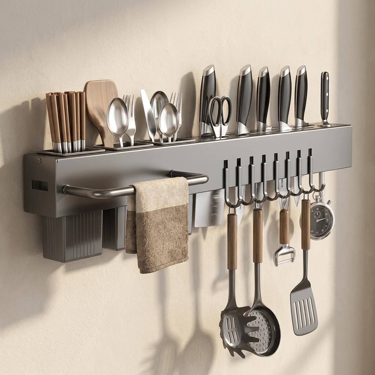 Valdren Multi Kitchen Organizer – Wall Mounted Knife Holder Utensil Rack Storage Aluminum Space Saver