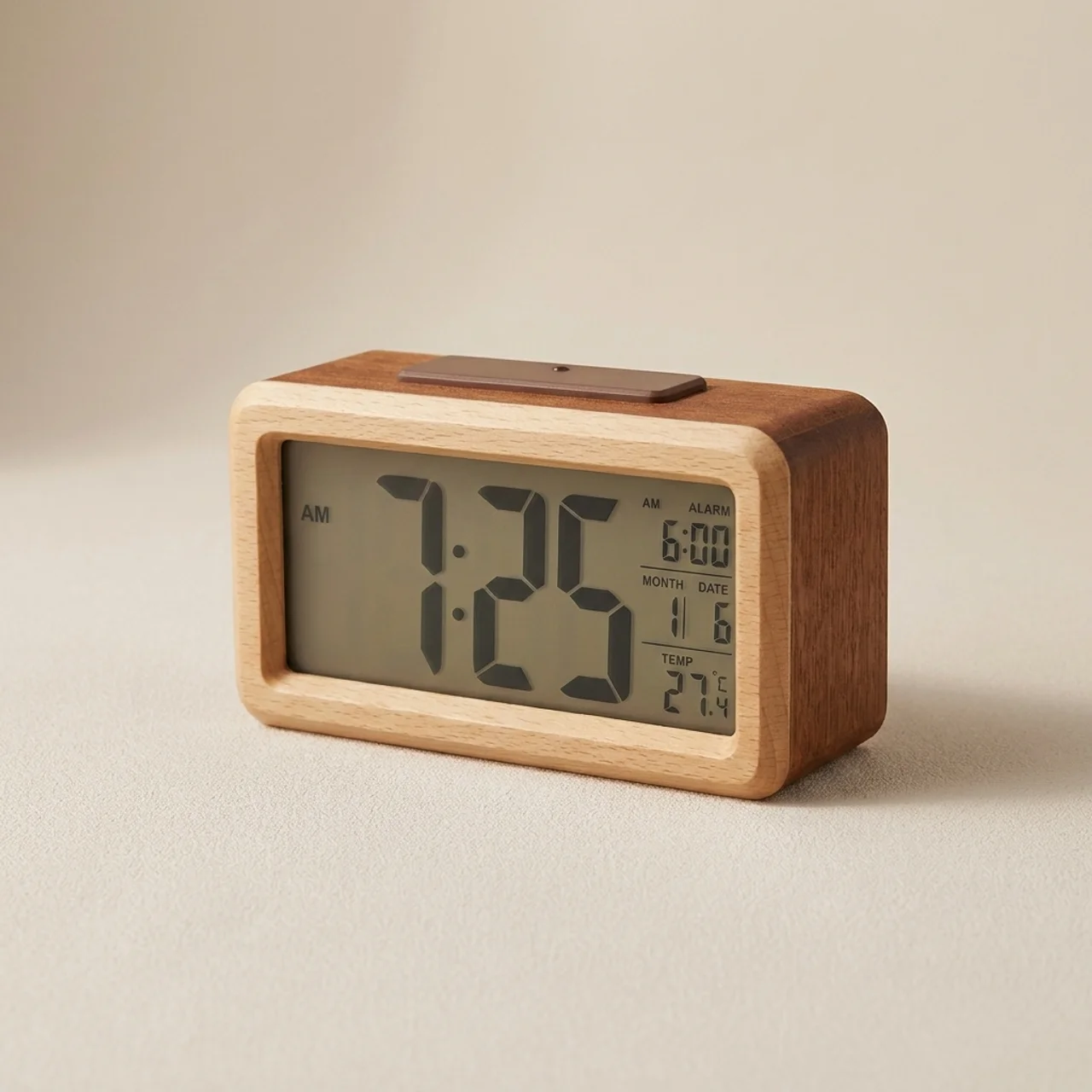 Grenwood Digital Alarm Clock – Wood Frame LCD Display Temperature Calendar Bedroom Nightstand