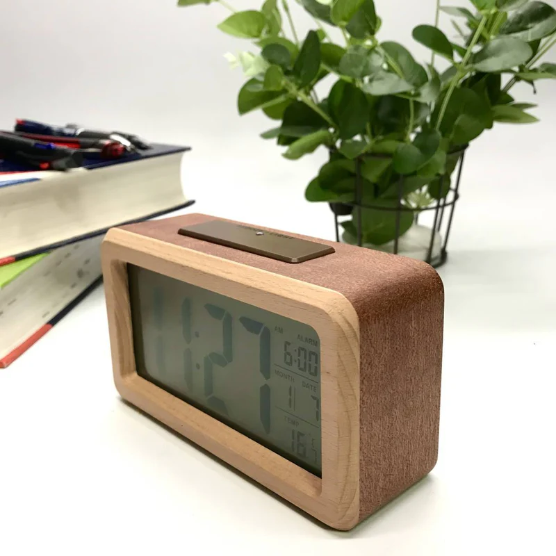 Grenwood Digital Alarm Clock – Wood Frame LCD Display Temperature Calendar Bedroom Nightstand