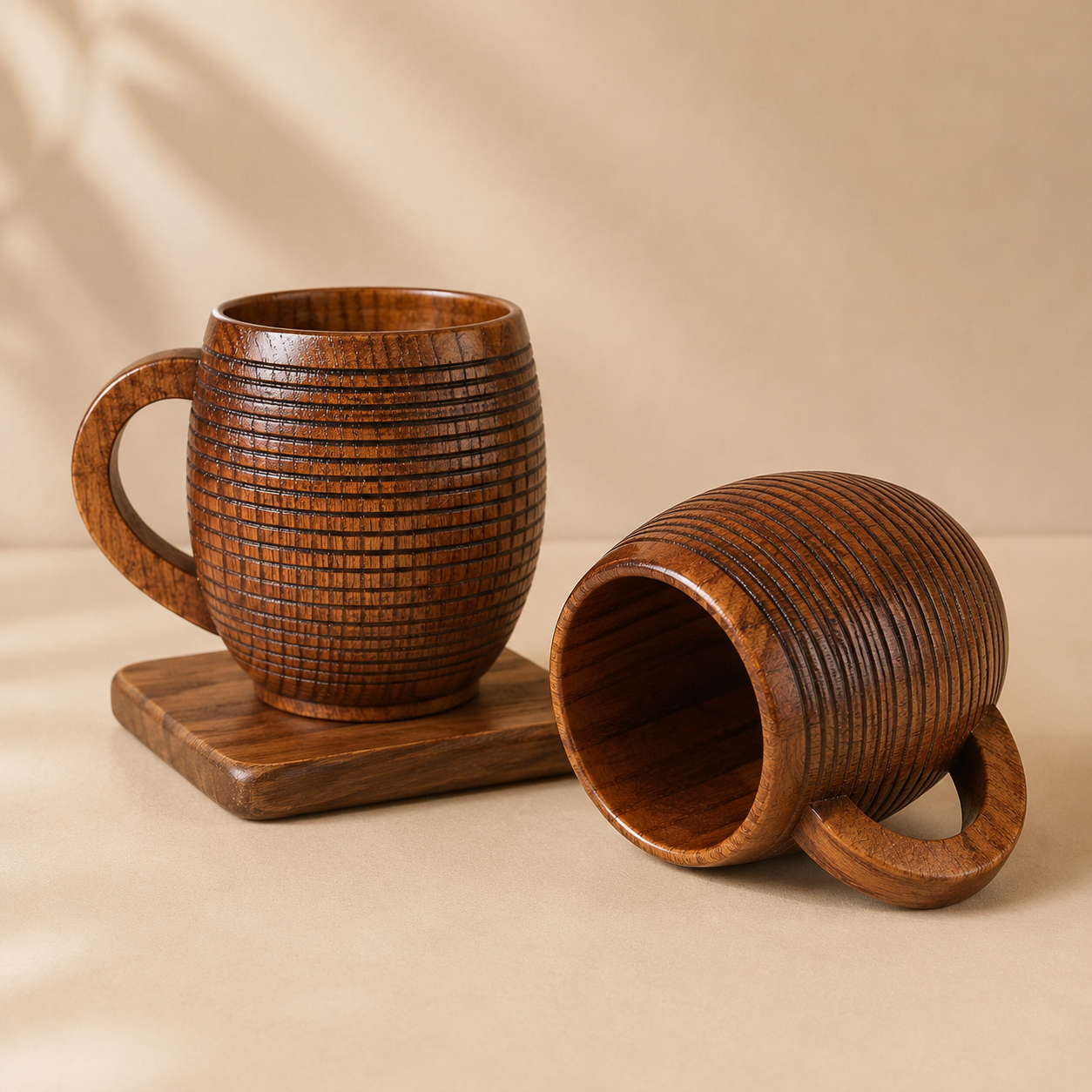 Stratum Barrel Mug – Handcrafted Wood Drinking Cup Natural Grain Texture Ergonomic Handle Coffee Tea