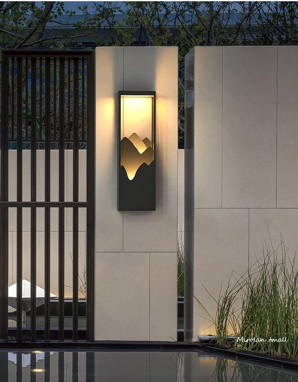 Modern Mountain Silhouette Outdoor Wall Lamp with Ambient LED Glow – Waterproof Architectural Exterior Light