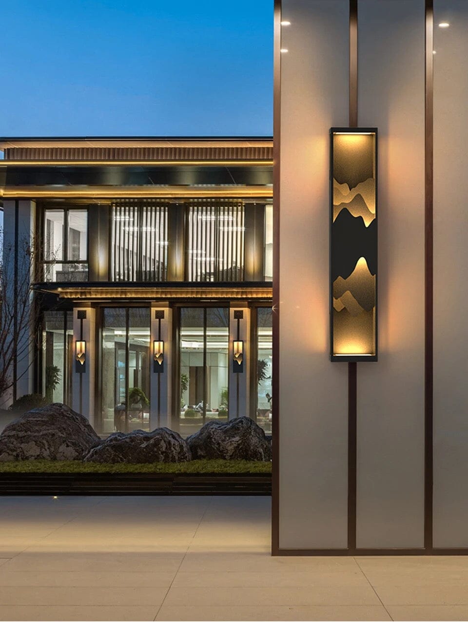 Modern Mountain Silhouette Outdoor Wall Lamp with Ambient LED Glow – Waterproof Architectural Exterior Light