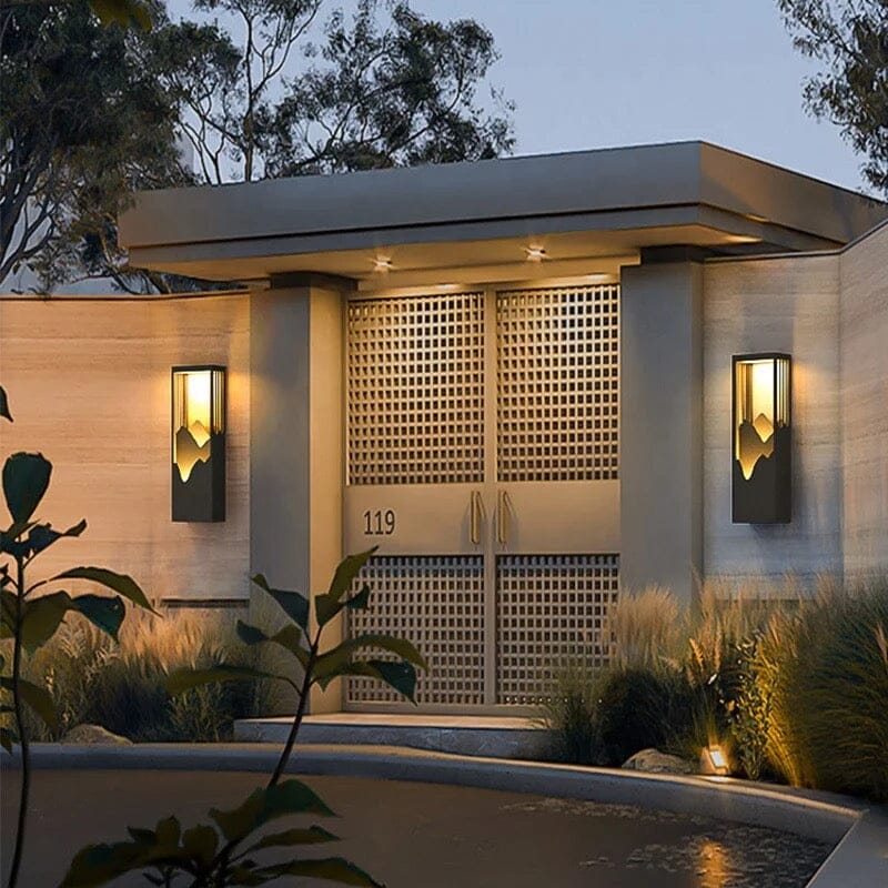 Modern Mountain Silhouette Outdoor Wall Lamp with Ambient LED Glow – Waterproof Architectural Exterior Light