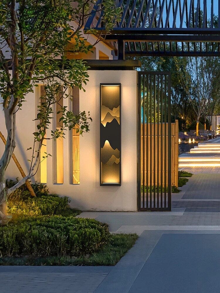 Modern Mountain Silhouette Outdoor Wall Lamp with Ambient LED Glow – Waterproof Architectural Exterior Light