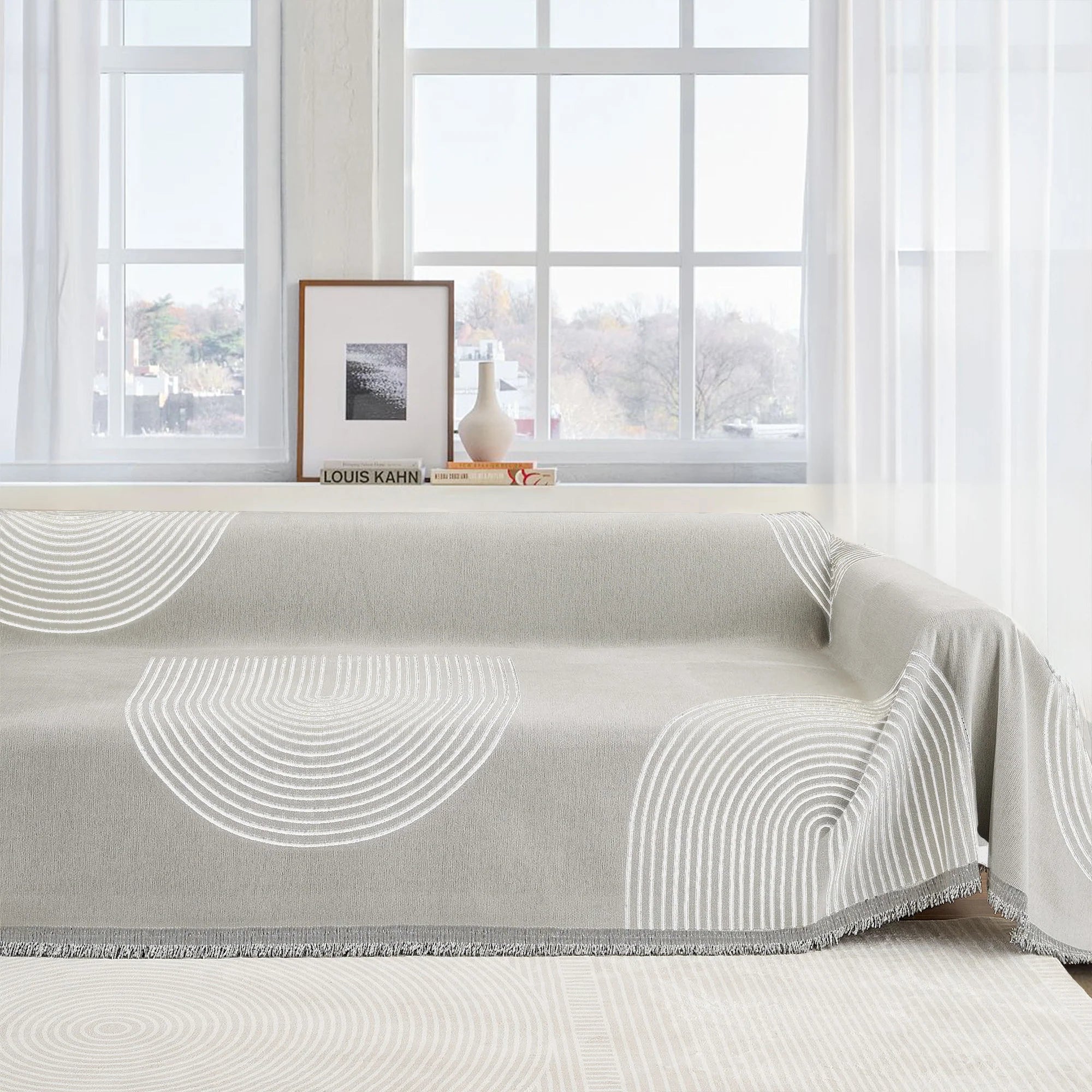 Arven Textured Sofa Throw – Chenille Quilted Arc Pattern Couch Cover Living Room Furniture Protector