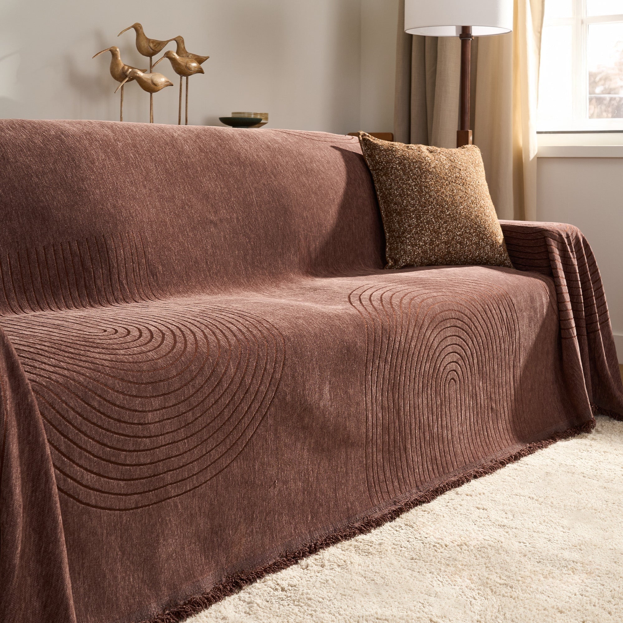 Arven Textured Sofa Throw – Chenille Quilted Arc Pattern Couch Cover Living Room Furniture Protector