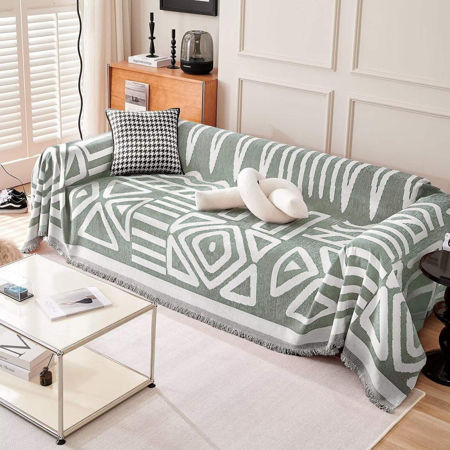 Kintara Sofa Throw – Geometric Tribal Pattern Couch Cover Grey White Cotton Woven Blanket Living Room