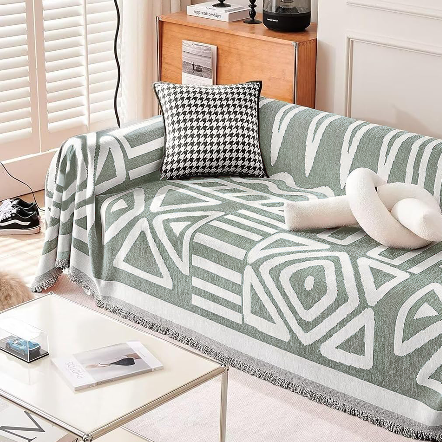 Kintara Sofa Throw – Geometric Tribal Pattern Couch Cover Grey White Cotton Woven Blanket Living Room