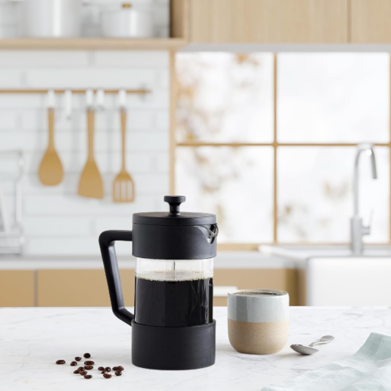 Brewton Press Coffee Maker – French Press Heat Resistant Glass Black Matte Kitchen Coffee Brewer