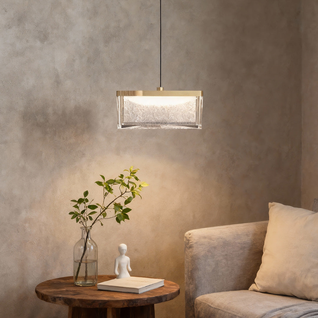 Cascade Seeded Glass Pendant Light – Brass Rectangle Kitchen Island Dining Room Hanging Fixture