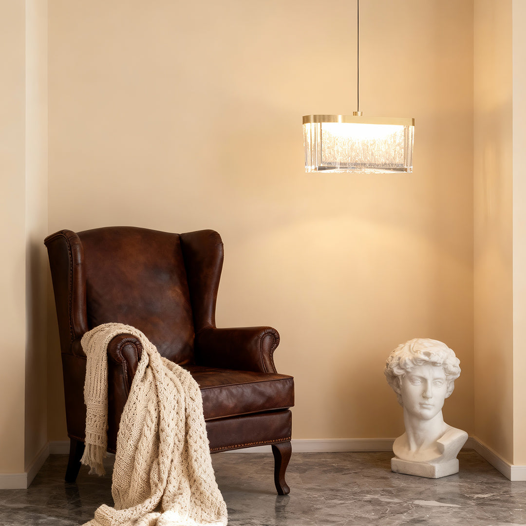 Cascade Seeded Glass Pendant Light – Brass Rectangle Kitchen Island Dining Room Hanging Fixture