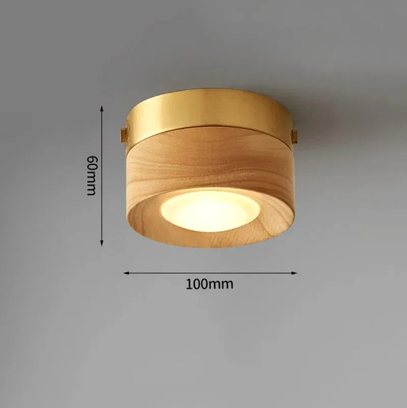 Briston Drum Flush Mount – Ceiling Light Walnut Wood Brass Modern Bedroom Living Room Hallway
