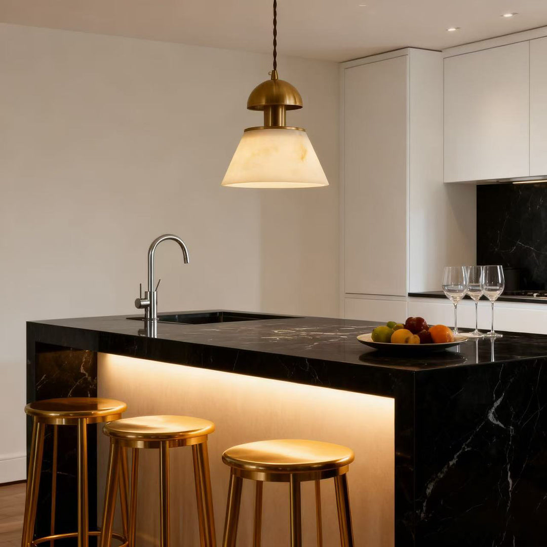 Verona Alabaster Cone Pendant Light – Brass Kitchen Island Dining Room Hanging Fixture