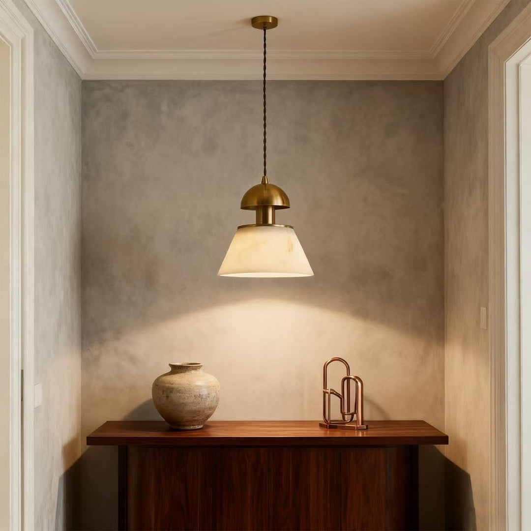 Verona Alabaster Cone Pendant Light – Brass Kitchen Island Dining Room Hanging Fixture