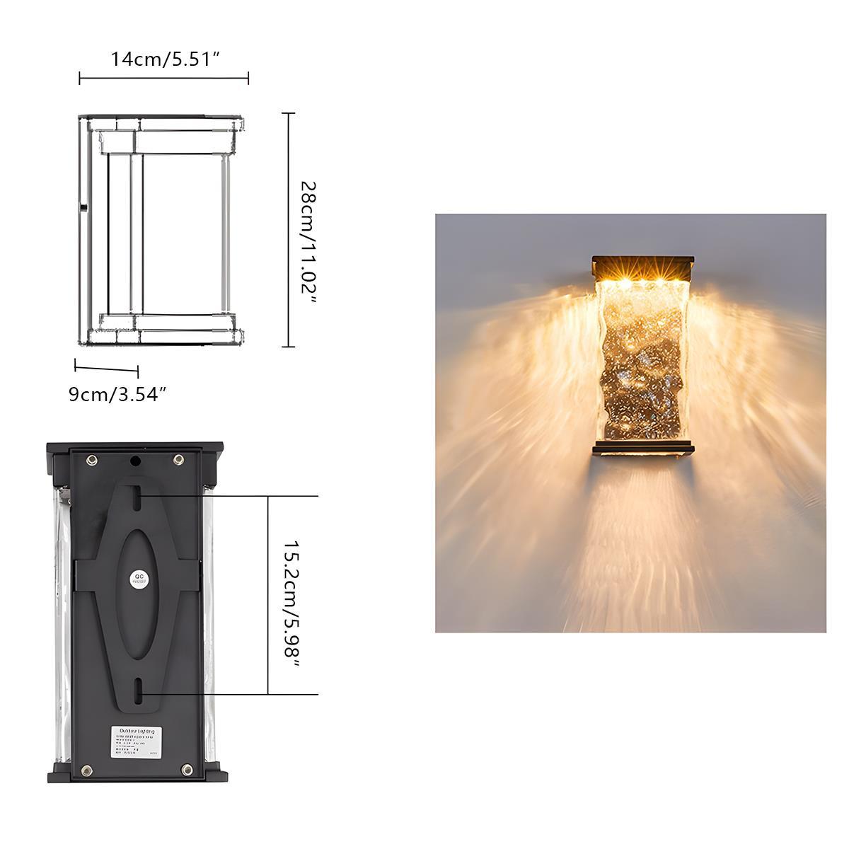 Glacien Water Glass Wall Sconce – Outdoor Black Metal Textured Glass Panel LED Light Fixture Patio Entryway