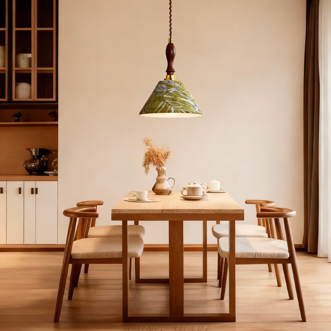 Artisan Textured Cone Pendant Light – Vintage Wood Handle Kitchen Dining Room Hanging Fixture