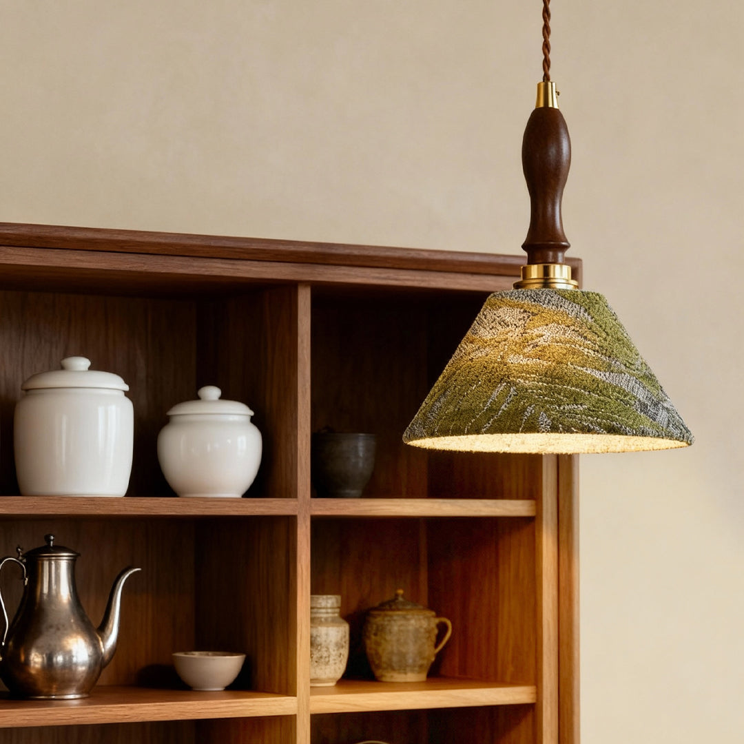 Artisan Textured Cone Pendant Light – Vintage Wood Handle Kitchen Dining Room Hanging Fixture