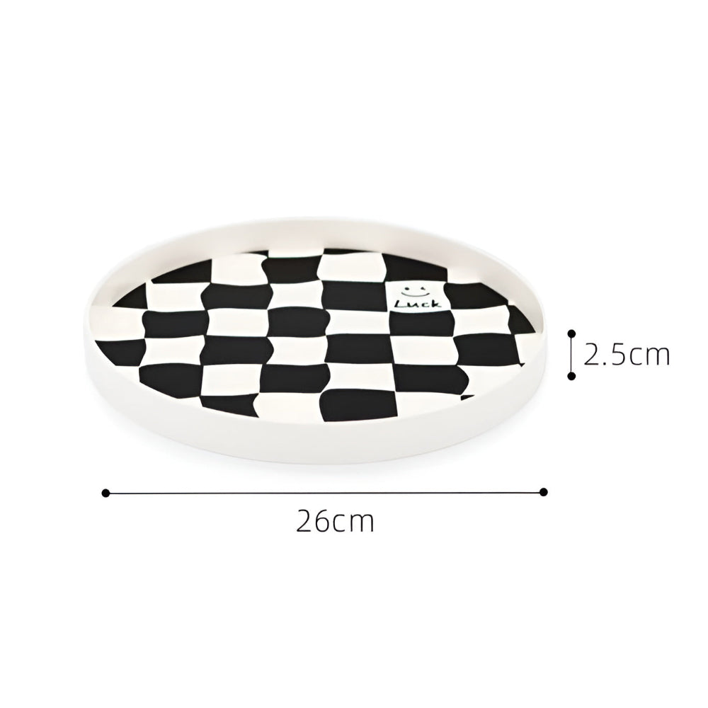Gridlyn Round Catch Tray – Black White Checkered Decorative Tray Kitchen Bathroom Entryway Organizer