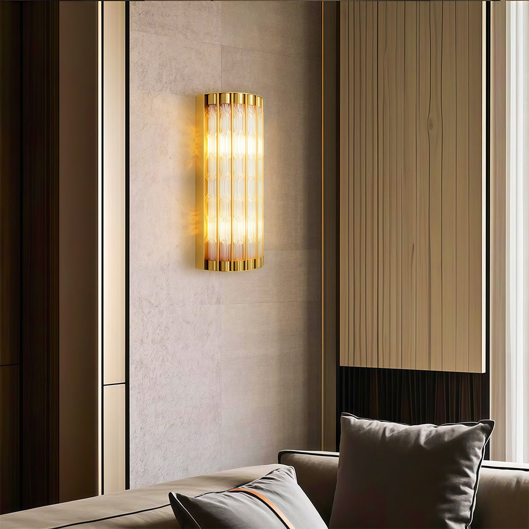 Aurelius Fluted Crystal Wall Lamp  – Cylindrical Glass Brass Interior Wall Lighting Fixture