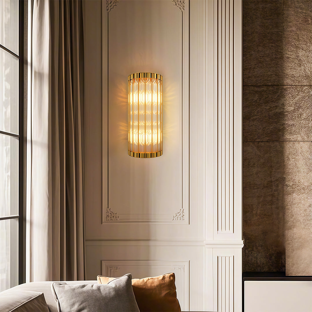 Aurelius Fluted Crystal Wall Lamp  – Cylindrical Glass Brass Interior Wall Lighting Fixture