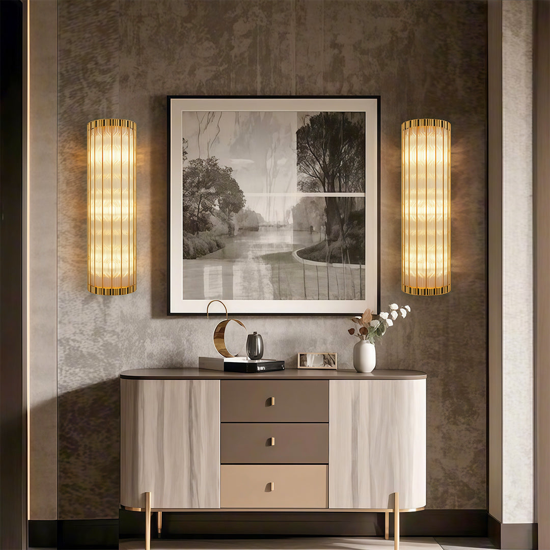 Aurelius Fluted Crystal Wall Lamp  – Cylindrical Glass Brass Interior Wall Lighting Fixture
