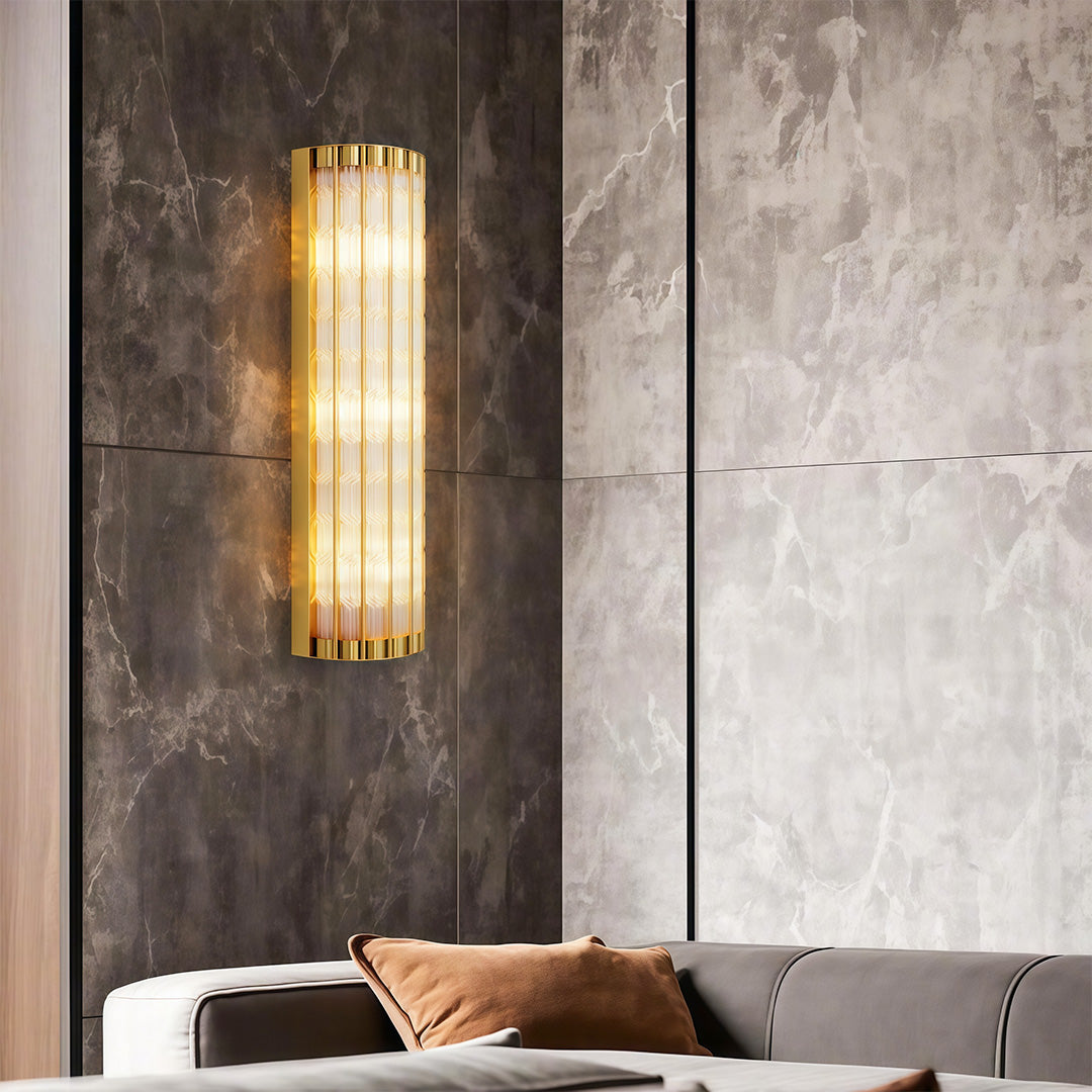Aurelius Fluted Crystal Wall Lamp  – Cylindrical Glass Brass Interior Wall Lighting Fixture