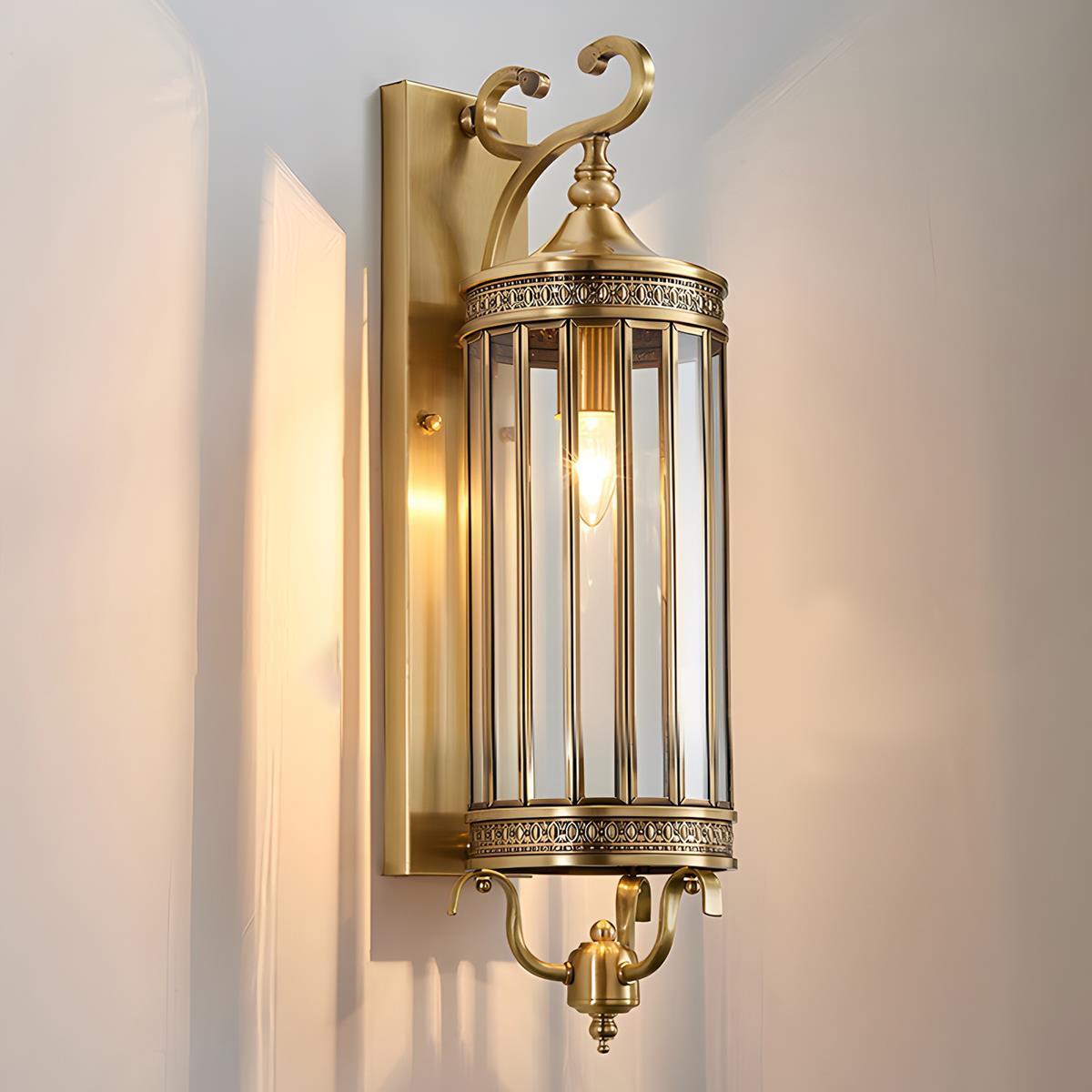 Regent Column Lantern Wall Sconce - Vintage Brass Glass Outdoor Porch Entryway Wall Light Fixture