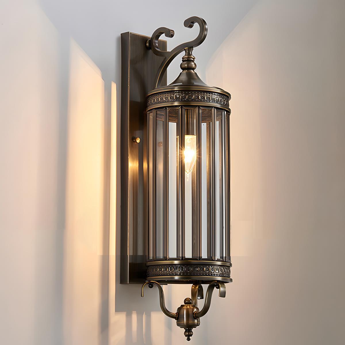 Regent Column Lantern Wall Sconce - Vintage Brass Glass Outdoor Porch Entryway Wall Light Fixture